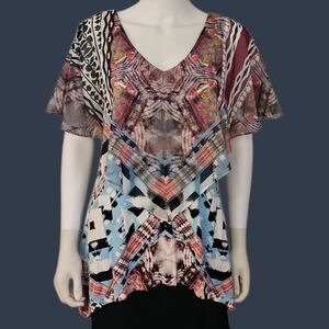 Vtg V CRISTINA 1990s Multicolor Geometric Chiffon Ruffle Tunic